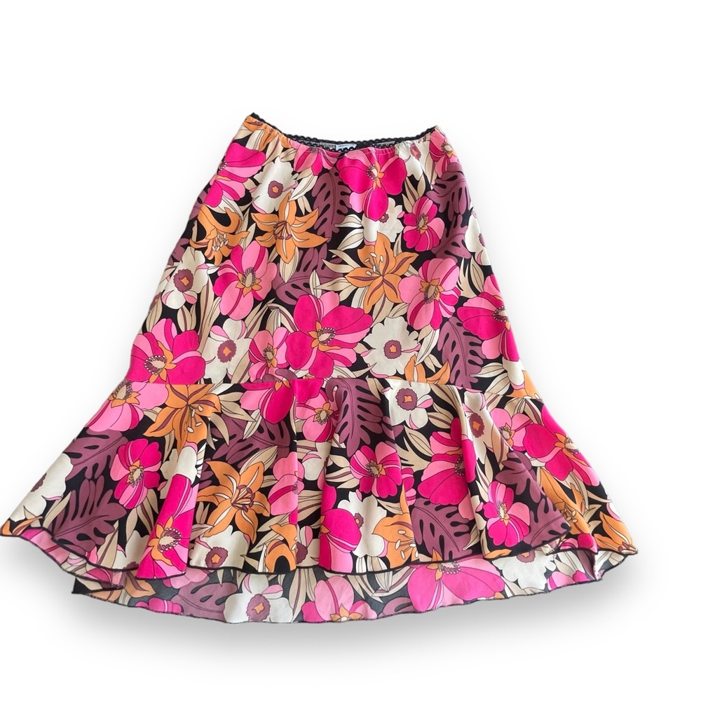 Vtg Heads Up Orange/Pink Psychedelic Floral Print Ruffle Skirt Women Size Small